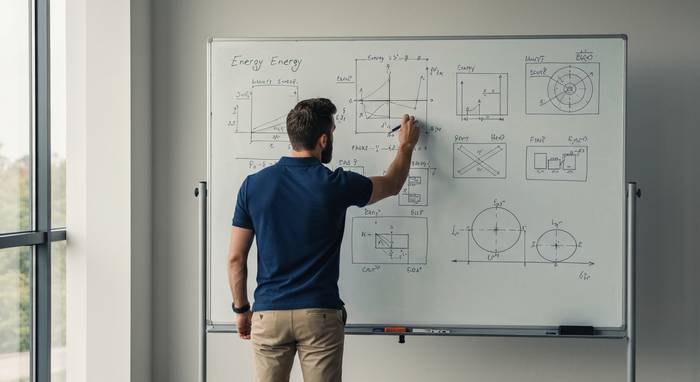 Ingénieur réalisant le calcul de dimensionnement BESS photovoltaïque pas à pas sur un tableau technique en bureau d'études