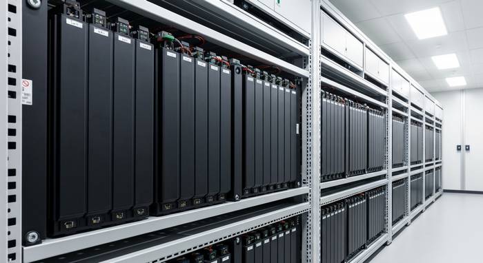 Batteries lithium fer phosphate LFP pour système de stockage BESS photovoltaïque installées en rack dans une salle technique