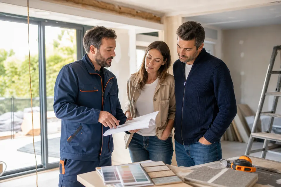 Artisan du bâtiment présentant un projet de rénovation à des propriétaires avant leur chantier