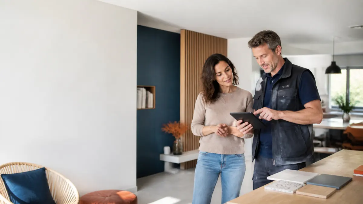 Avis clients et artisans sur les projets de travaux et de rénovation RenoMigo Cliente et artisan consultant ensemble le suivi d’un projet de rénovation intérieure