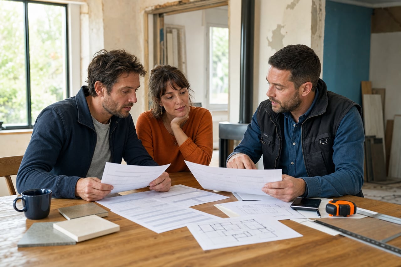 Comparer les prix et prestations des devis travaux Propriétaires et artisan comparant plusieurs devis de rénovation autour des plans du chantier