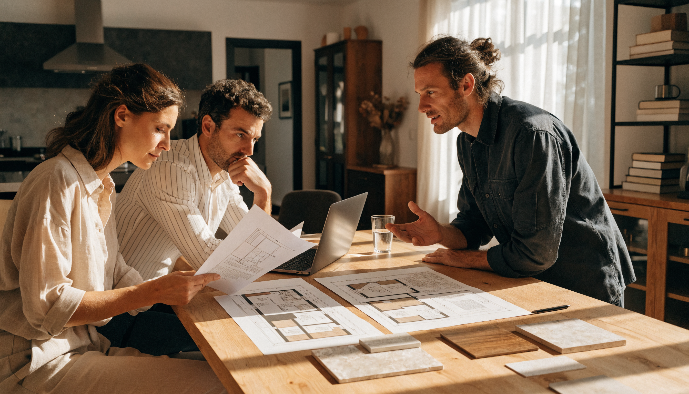 Comparer des devis travaux pour votre renovation Couple comparant plusieurs devis de renovation avec un artisan autour d une table de projet.