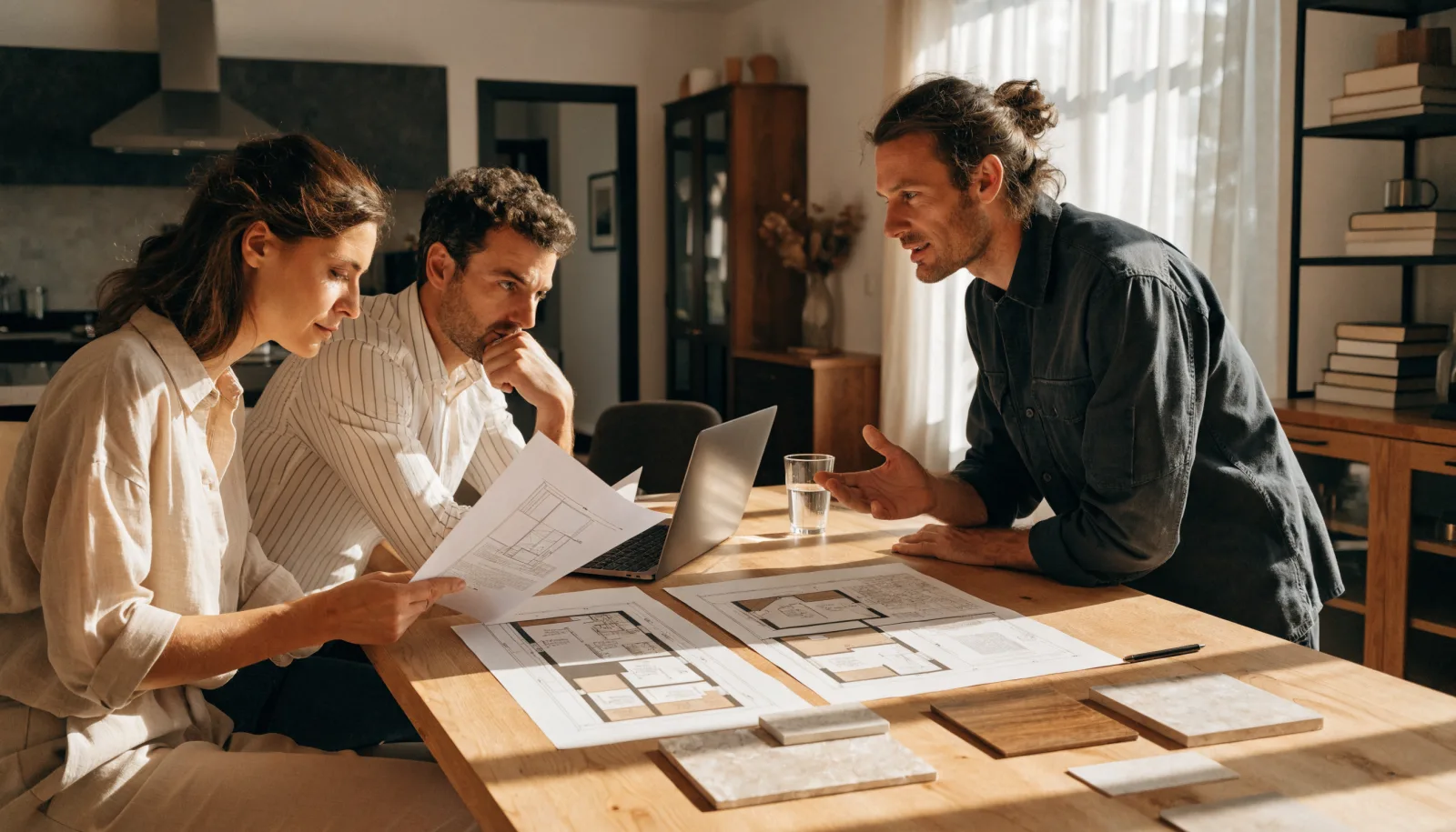 Couple comparant plusieurs devis de renovation avec un artisan autour d une table de projet.